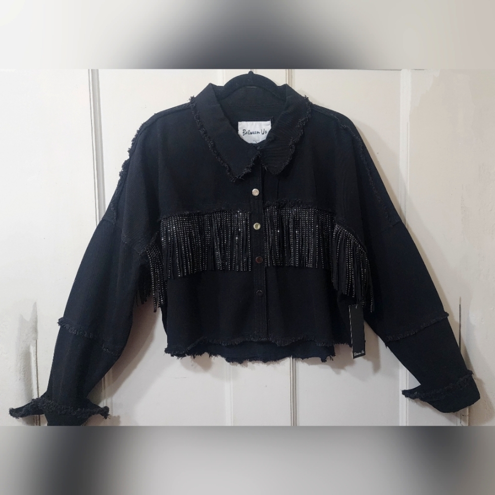 Women's Black Frayed Denim Jean Embellished Jacket - NWT